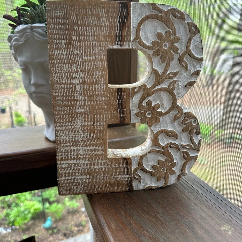 Wooden farmhouse “ M “ Cream Color with carved details;